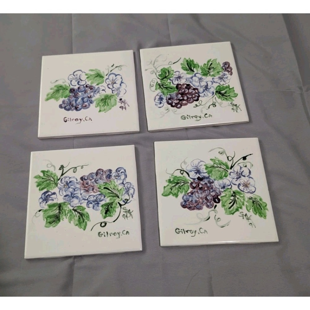 Vintage Hand-Painted Ceramic Tile‎ Set of 4 Grapes  MCT USA  Gilroy, California
